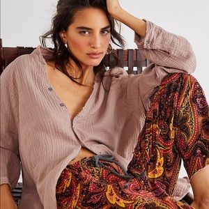NWT Free People / We The Free - Summer Daydream Button Down, Taupe XL